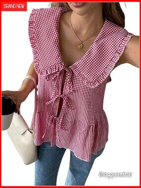 Gingham Babydoll Top Bow Tie Front Ruffle Sleeveless Cute Plaid Peplum Blouse